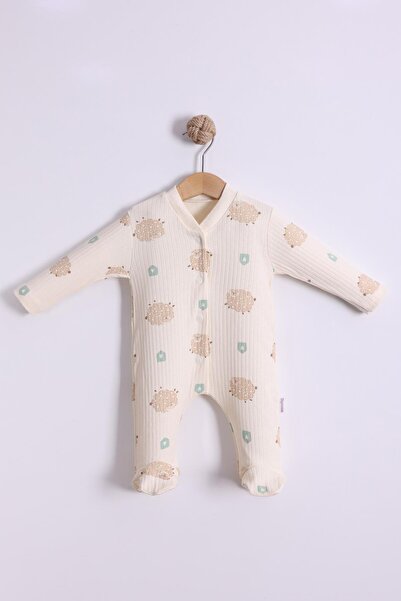 kidello Cream Lamb Motif Baby Boy Jumpsuit with Booties