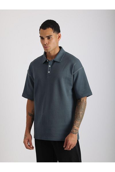 EGHO Shoulder Shepherd Stitch Detail Double Pique Fabric Loose Fit Men's Polo Neck T-Shirt