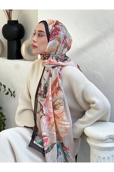 Modakaşmir Azalea Pattern Striped Bamboo Shawl - Black-Needle