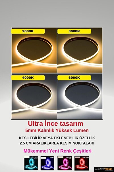 HALL BREATHE Ultra İnce 5mm Cob Şerit LED Neon Gibi Yanar, 1 Metrede 384 LED, Ekru Renk