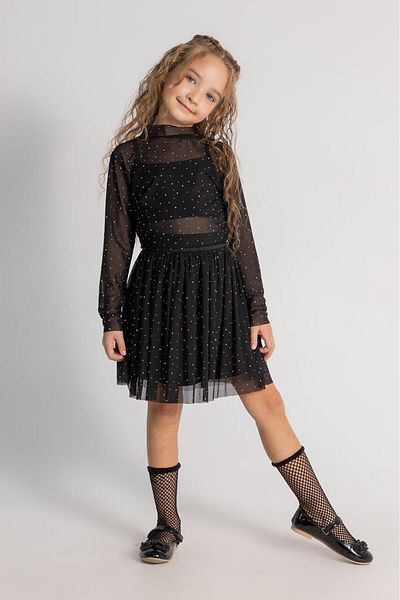 Magu Girls Black Polka Dot Patterned Tulle Skirt 3-Piece Set - Long Sleeve Crop and Bodysuit