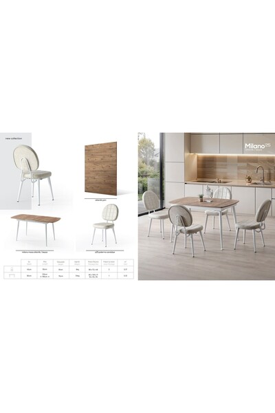 DENGEMA Milano’25 Açılır Masa Takımı – Ceviz Desen & Beyaz Ayak – 80×125 → 165 cm, 4 Sandalyeli