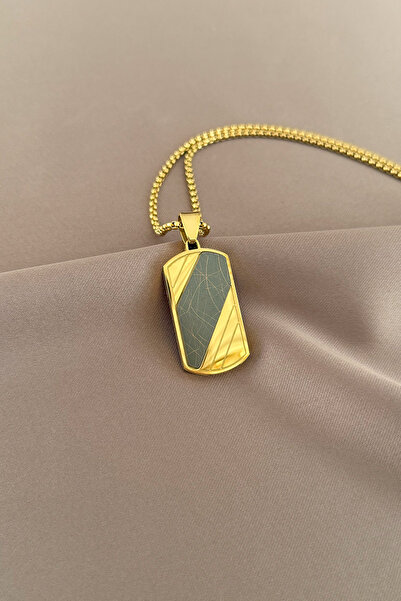 laria jewelry Gold Plakalı Dokulu Künye Erkek Kolye