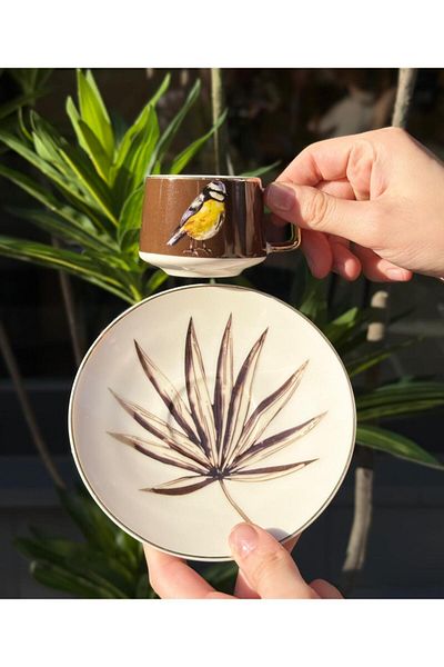 Onedekor Set of 6 Porcelain Coffee Cups Bird Brown