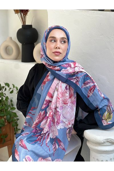 Modakaşmir Azalea Pattern Striped Bamboo Shawl - Navy Blue