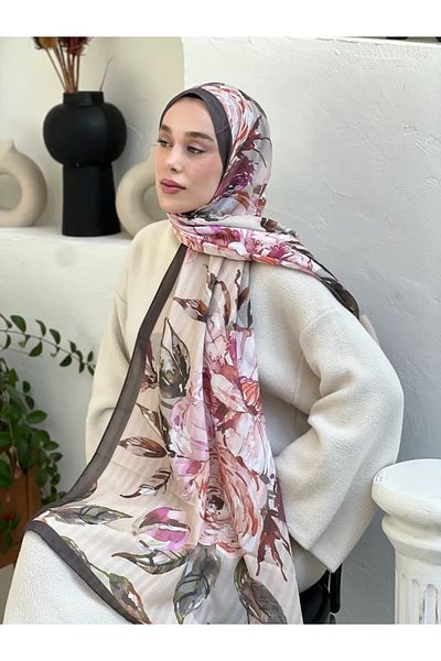 Modakaşmir Azalea Pattern Striped Bamboo Shawl - Bitter Brown
