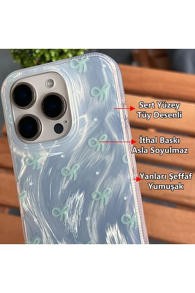 EDELFU Silver Feather Pattern Tiny Bow Back Hard Sides Soft Transparent Case for iPhone 15 Pro