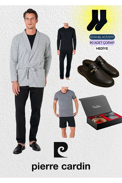 Pierre Cardin 5 Piece Boxed 100% Cotton Robdöşambir - Pajama Set & Leather Slippers & Genuine Leather Belt Wallet Set