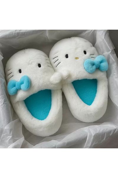 1blood Papuci de pluș cu blană moale Hello Kitty turcoaz