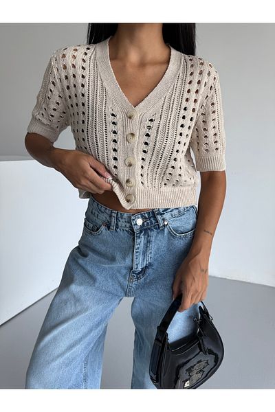 Bracha Short Sleeve Openwork Pattern Button Detailed 100% Cotton Crop Cardigan