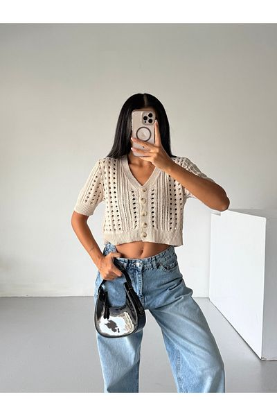Bracha Short Sleeve Openwork Pattern Button Detailed 100% Cotton Crop Cardigan