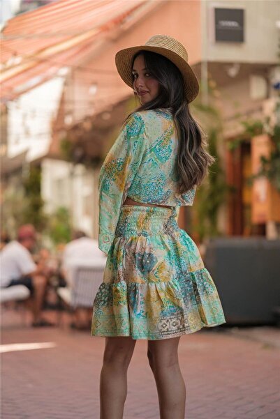 Miss Boheme Green Color Silk Short Skirt Blouse Suit