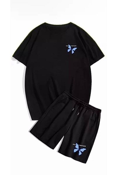 Hunors Sportswear & Company Design Blue Butterfly Printed Oversize Women's T-shirt Shorts Set