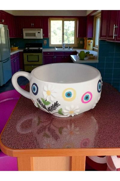 Home Ceramic Handmade Chubby Daisy and Evil Eye Patterned Mug