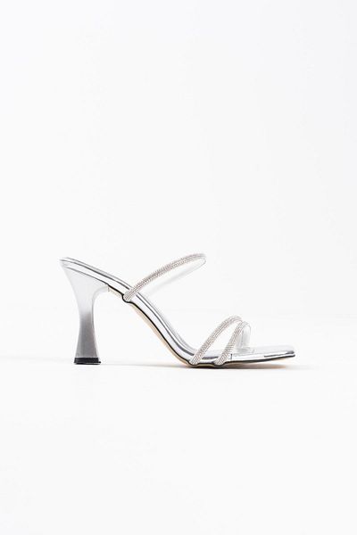 ripuvainen Belira Women's Thin Strap Stylish Stone Detailed Evening Dress Heeled Shoes Slippers - Silver