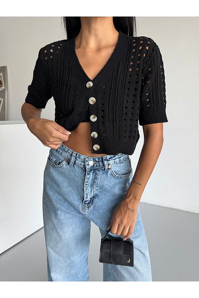 Bracha Short Sleeve Openwork Pattern Button Detailed 100% Cotton Crop Cardigan