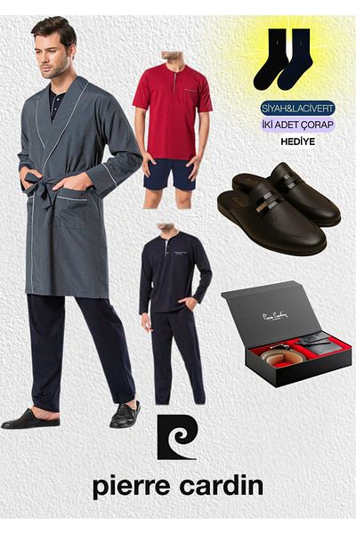 Pierre Cardin Men's 5 Piece Robdöşambr & Long - Short Sleeve Suit & Leather Slippers & Genuine Leather Belt Wallet Set