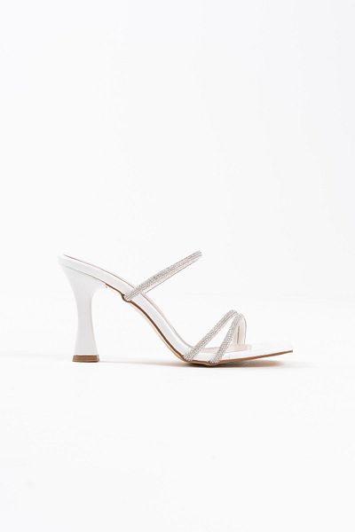 ripuvainen Belira Women's Thin Strap Stylish Stone Detailed Evening Dress Heeled Shoes Slippers - White