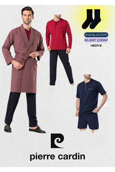 Pierre Cardin Men's 5 Piece Robe & Long Sleeve - Short Sleeve Pajama Set (2 Socks Gift)