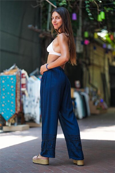 Miss Boheme Navy Blue Color Vintage Embroidered Bohemian Trousers