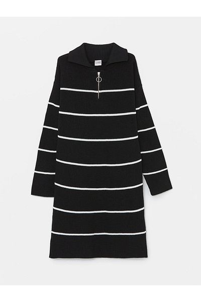 LC Waikiki Lcw Kids Black Striped Polo Neck Striped Long Sleeve Girl's Knitwear Dress
