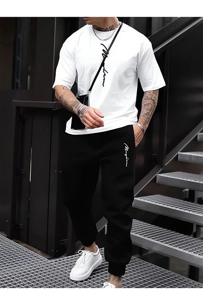 Hunors Sportswear & Company Men's Printed T-Shirt & Sweatpants Bottom Top Set Combination