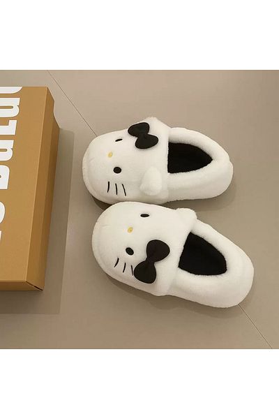 1blood Papuci de pluș cu blană moale Hello Kitty negri