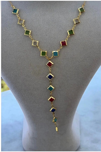 3DreaMaker Kadın Gold Renk Zirkon Taşlı Renkli Y Model Kolye
