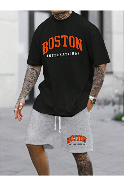 donamod Men's 2-Piece Oversize Basic Boston International Red Lettering Botto...