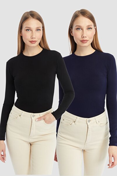 LAENT Дамски черен и тъмносин боди с обло деколте, комплект от 2 броя