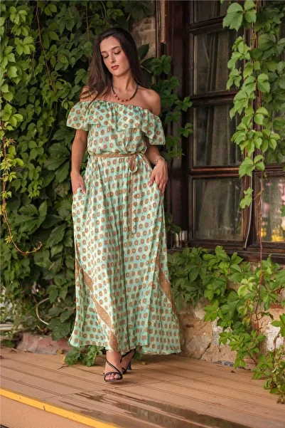 Miss Boheme Green Color Madonna Collar Waist Tie Silk Dress
