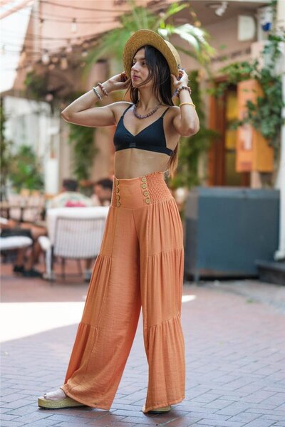 Miss Boheme Orange Color Glitter and Button Detailed Bohemian Trousers