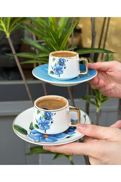 Onedekor Set of 6 Porcelain Coffee Cups Blue Flower