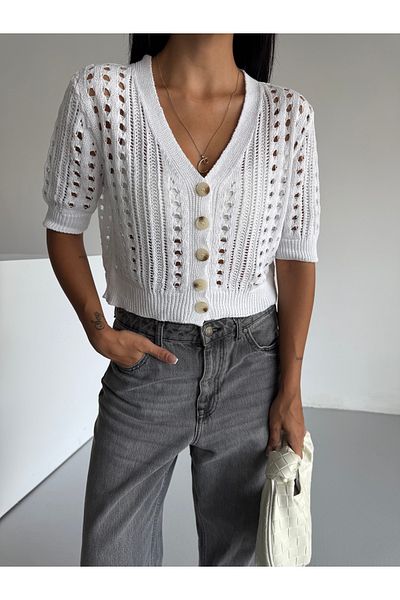 Bracha Short Sleeve Openwork Pattern Button Detailed 100% Cotton Crop Cardigan