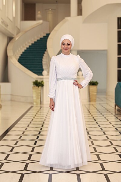 miss newal Dila Büyük Beden Tesettür Abiye Beyaz