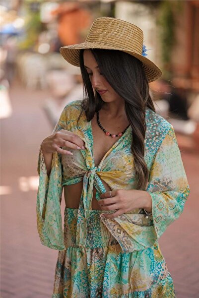 Miss Boheme Green Color Silk Short Skirt Blouse Suit