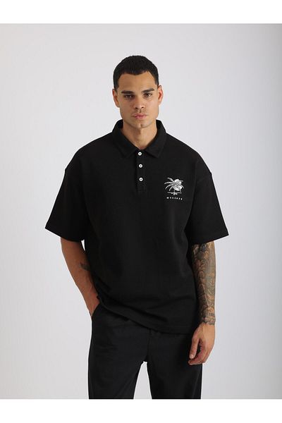 EGHO Chest Mykonos Embroidery Detailed Double Pique Fabric Loose Fit Men's Polo Neck T-Shirt
