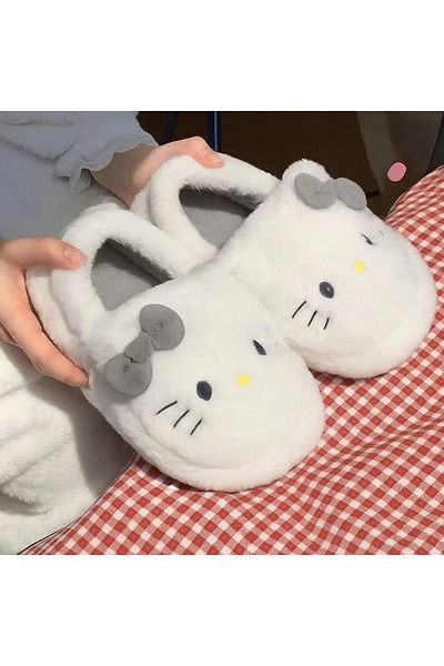 1blood Papuci de pluș cu blană moale Hello Kitty gri închis