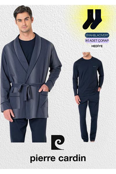 Pierre Cardin Men's 3-Piece Combed Cotton Robdoshambir & Long Sleeve Pajama Set Set (2 Socks Gift) L1.Pc.5635.02