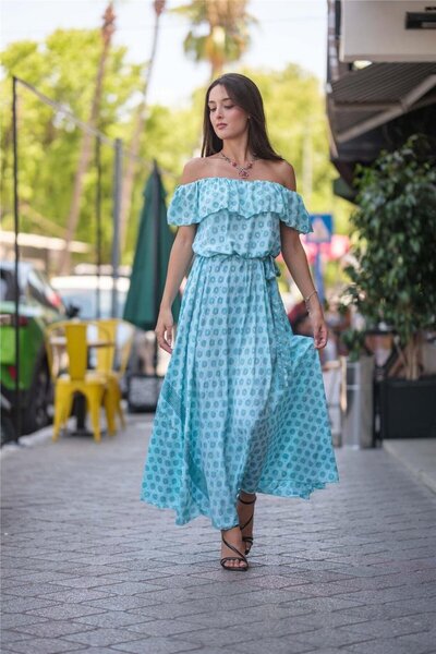 Miss Boheme Turquoise Color Madonna Collar Waist Tie Silk Dress