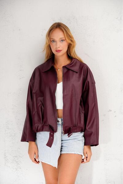 Renvo butik Women's Oversize Black Faux Leather Belted Jacket