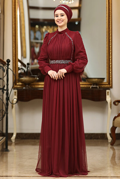 miss newal Büyük Beden Tül Efsane Taşlı Çıkartılabilir Kemerli Tesettür Abiye...