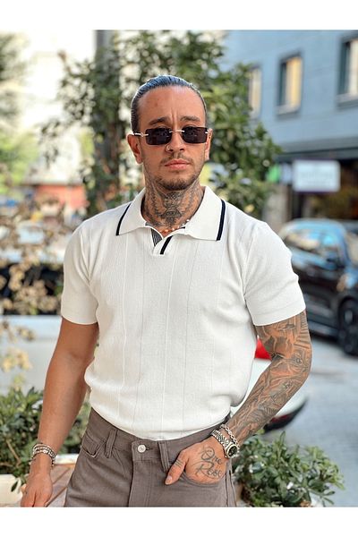manch collection Collar Stripe Detailed Polo Neck Sweater White