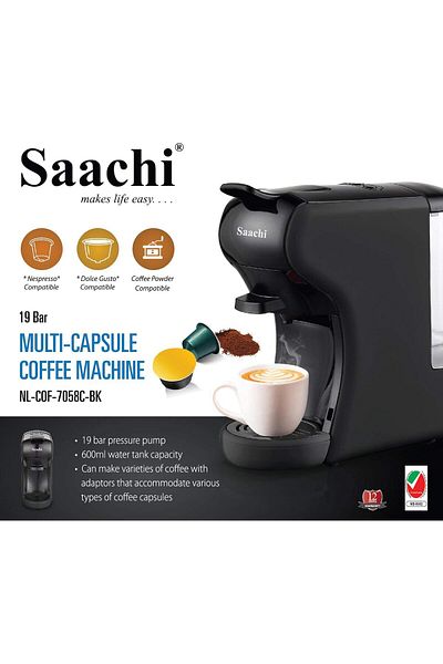 SAACHİ Multi-Capsule Coffee Machine NL-COF-7058C-BK With 19 Bar Automatic Steam Pressure Pump