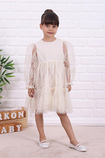 kidello فستان بناتي من الدانتيل باللون البيج بأكمام طويلة وبطانة قطنية لعيد ا...