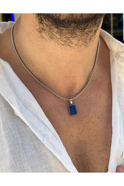 Fjellor Finrod Men's Minimal Rectangle Lapis Lazuli Natural Stone Pointed Steel Necklace