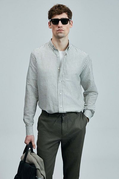Kocamanlar Ayakkabı Lufian 111010631 Bert Men's Linen Cotton Shirt Regular Fit Men's Shirt Green