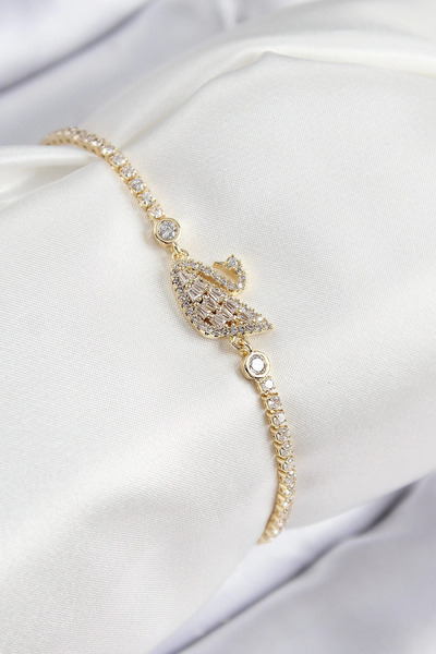 Epilons سوار نسائي من حجر الزركون والنحاس من Bfs موديل Swan Model ذهبي اللون