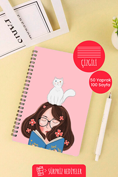 Anime Marketi Girl and Cat Design A5 Spiral School Notebook 50 Sheets 100 Pages - Lined