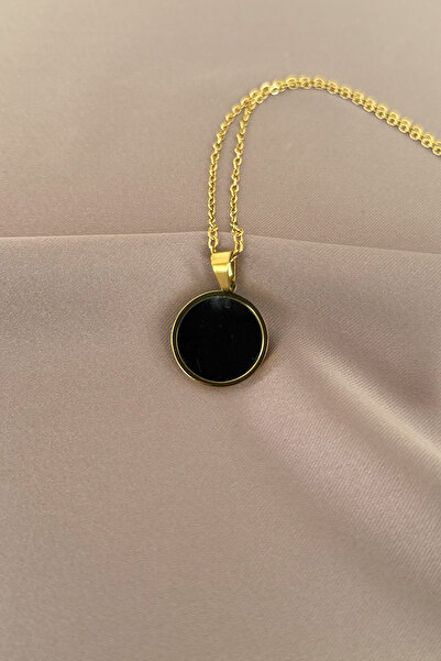 laria jewelry Yuvarlak Siyah Taşlı Madalyon Kolye